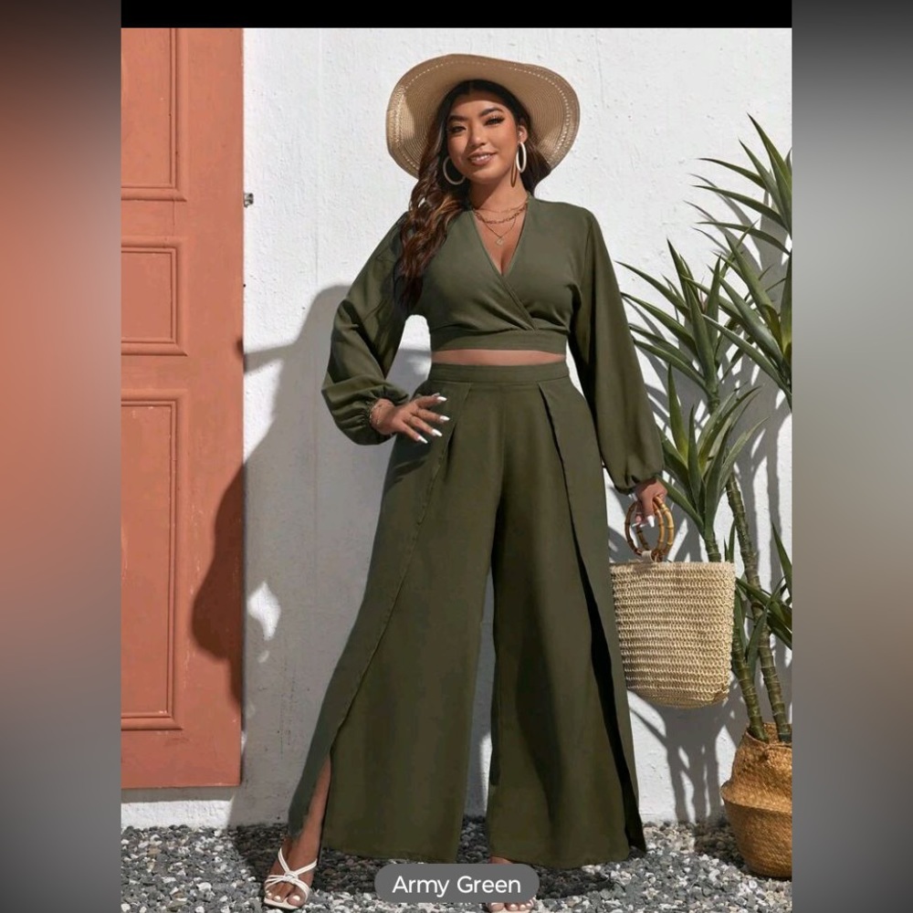 Beautiful olive green dressy pants and top.